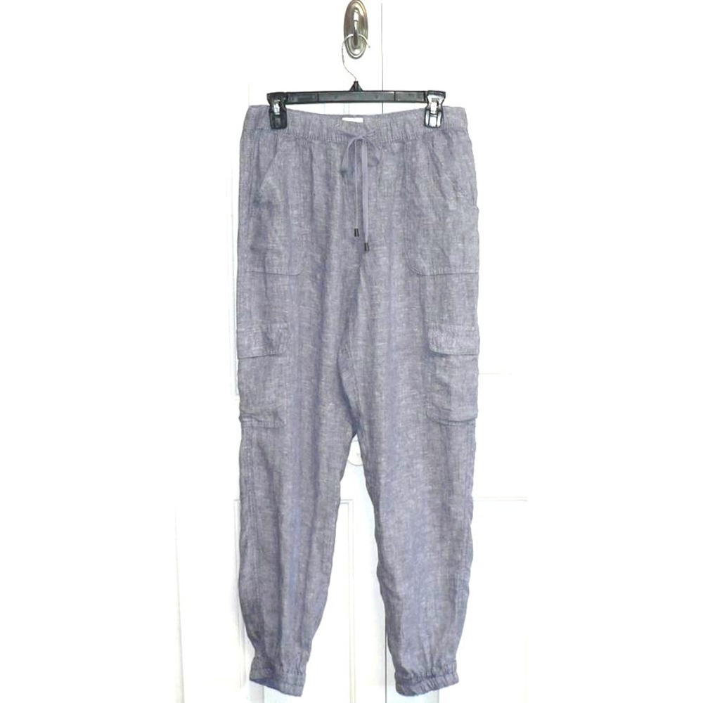 Nicole Miller Women's Linen Elastic Drawstring Waist Cargo Jogger Pants Blue Med - Picture 2 of 7